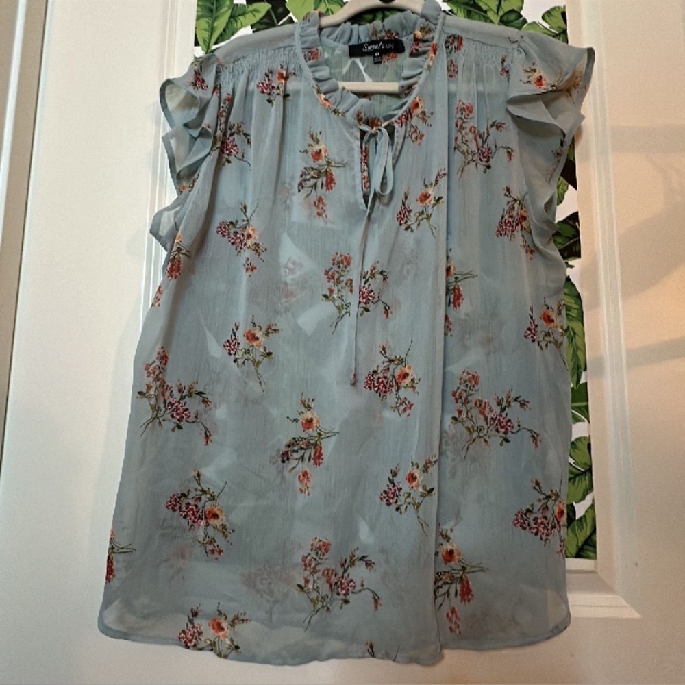 Sweet Rain Blue Floral Semi Sheer Flutter Sleeve Boho Blouse Tunic Top Size 2X - Picture 3 of 3